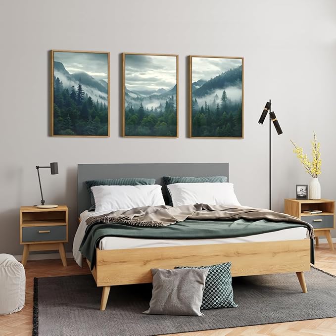 IARTTOP Large Misty Mountain Framed Wall Art 16x24 inch Green Foggy Forest Canvas Wall Decor Modern Pine Trees Nature Landscape Prints for Living Room Bedroom Set of 3