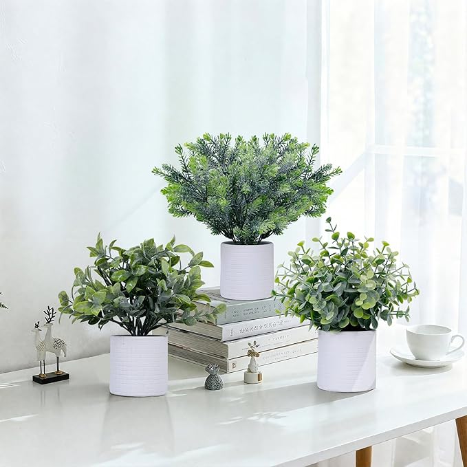 FGSAEOR Mini Potted Fake Plants, Small Artificial Greenery Realistic Plants Topiaries, Low Maintenance, for Home Office Shelf Desk Farmhouse Room Coffee Table Decor (3-Pack) (Grey)