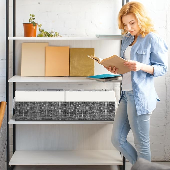 Fab totes Storage Bins [6-Pack], Foldable Storage Baskets for Organizing Toys, Books, Shelves, Closet, Large Storage Box with Rope Handles, Sturdy Organizer Bins, White & Black