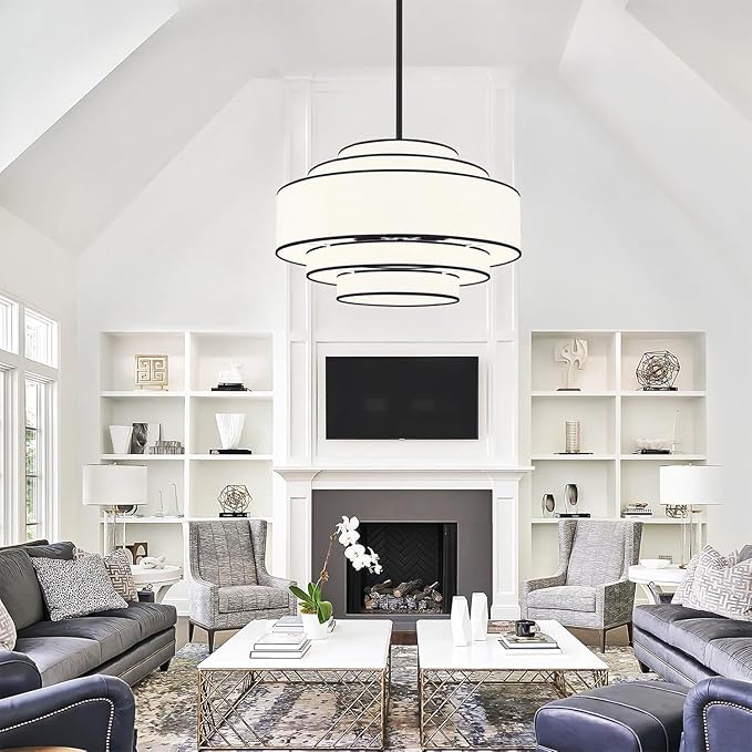 23.62’’Black Drum Chandelier,5-Tier Modern White Fabric Chandeliers Dining Room Light Fixture,6-Light Large Kitchen Island Lighting Farmhouse Chandelier for Living Room Bedroom Hallway Foyer,UL-Listed