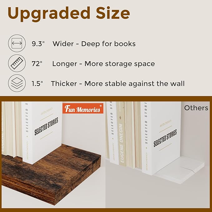 72 Inch Floating Shelves, 72 x 9.3 Rustic Wooden Fireplace Mantel, 9.3 Inch Floating Shelf for Wall, Farmhouse Wall Shelves for Home Storage & Display, Rustic Brown Color, Set of 1