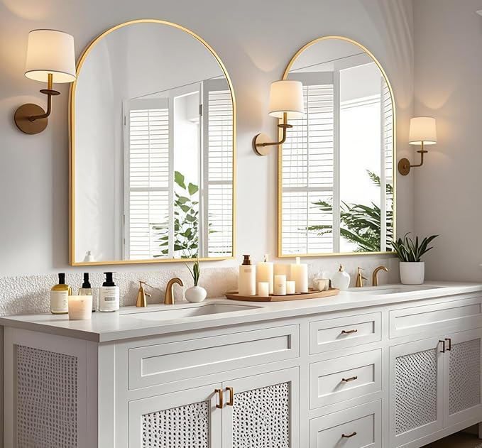 Arched Wall-Mounted Mirror, 20"x30" Arch Bathroom Mirror, Gold Vanity Mirror for Wall Décor, Wall Mirror with Metal Frame for Bedroom, Entryway, Living Room, Brushed Gold