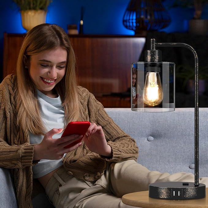 Industrial Touch Table Lamps Set of 2 - Rustic Black Bedside Lamps with 2 USB Ports & AC Outlet, 3-Way Dimmable Nightstand Desk Lamp for Bedroom Living Room Farmhouse, Glass Shade & LED Bulbs Included