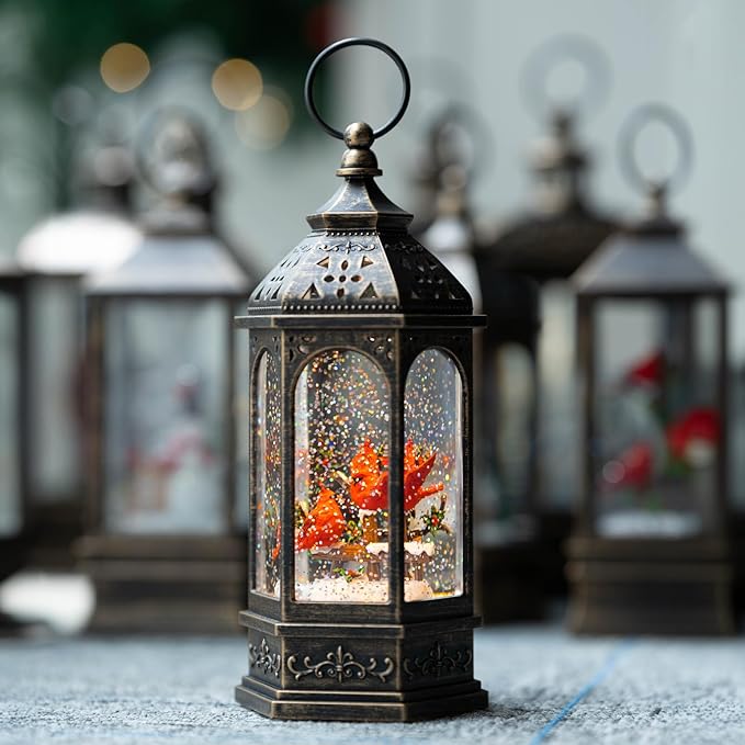 Christmas Snow Globe Lantern Water Glittering 10.5'' Cardinal with Music& Timer, USB Lined/Battery Operated Lighted Lantern for Christmas Festival Decoration Gifts
