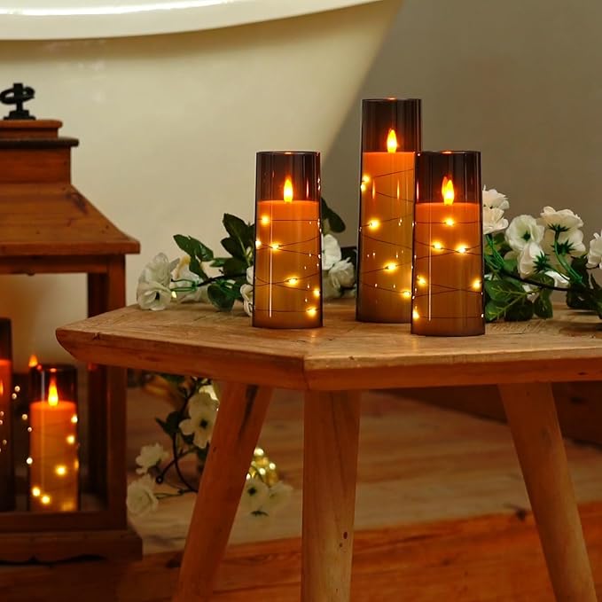 Raycare Flameless LED Candles with Embedded Star String, 5 Pcs Battery Operated Acrylic Pillar Candles with Timer and Remote, Flickering for Romantic Ambiance and Home Decoration(Grey)