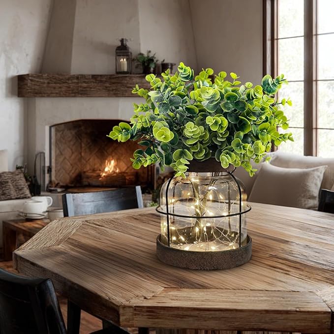 Farmhouse Rustic Primitive Glass Vases Home Decor Vintage Lantern with Green Artificial Eucalyptus Plants & Lights Centerpiece for Shelf Desk Office Counter Coffee Table Dining Room Bathroom Kitchen