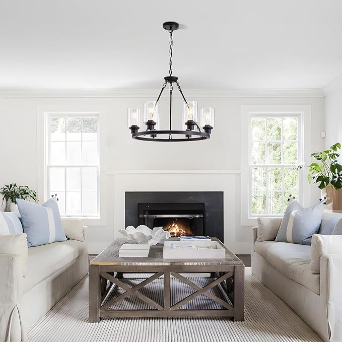 6-Light 24" Modern Farmhouse Chandeliers for Dining Room,Wagon Wheel Black Chandelier,Adjustable Height Hanging Round Pendant Lights for Kitchen Island Clear Glass Shade Ceiling Light fixtures