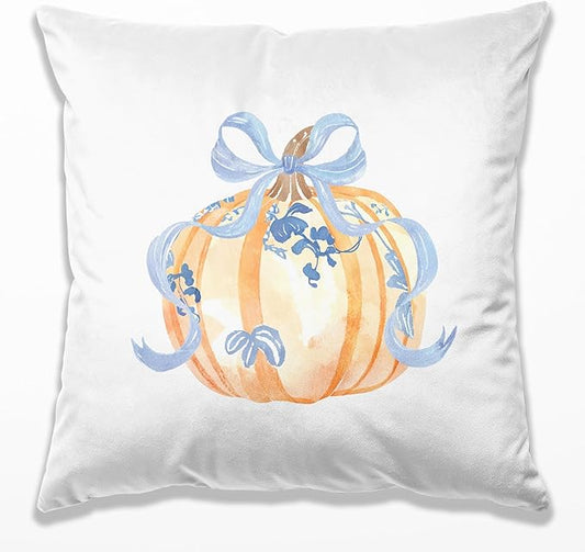 Blue Chinoiserie Pumpkin Fall Pumpkin Pillow Covers 18x18, Preppy Fall Decor, Grandmillennial Floral Pumpkin Autumn Decorative Throw Pillow Covers for Girls Room Home Bedroom Living Room