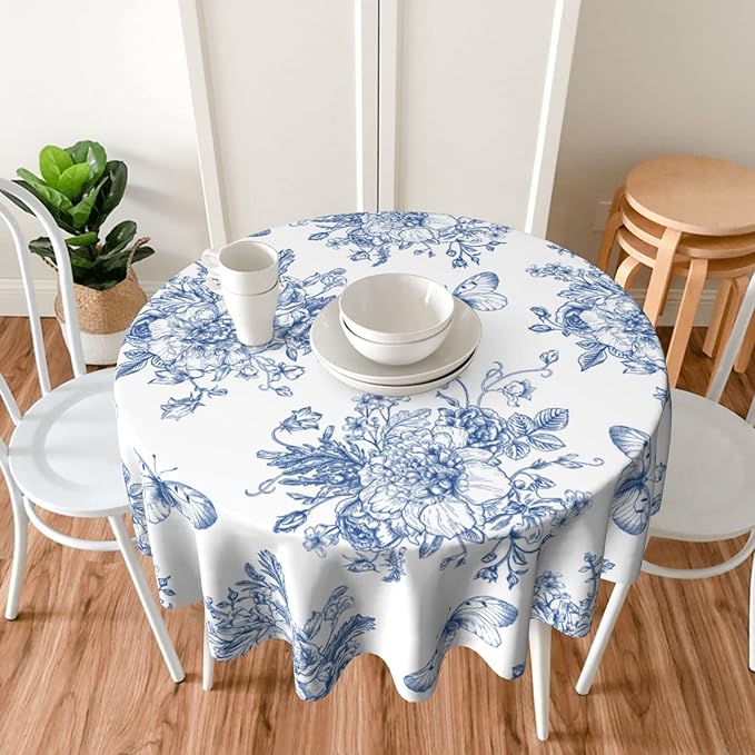Spring Floral Tablecloth Round 60 Inch Ruitic Butterfly Table Cloth Waterproof Fabric Farmhouse Blue White Flower Tablecloths Decorative for Holiday Home Party Wedding Picnic