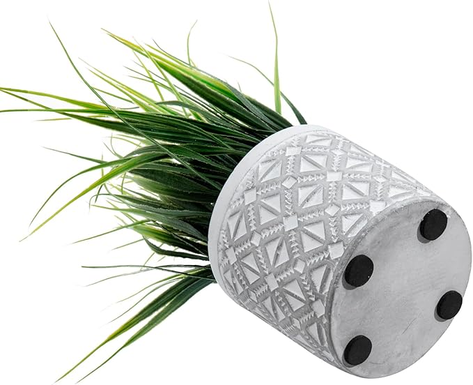 MyGift Artificial Grass Plant in Modern Gray Concrete Pot with Geometric Embossed Pattern, Tabletop Faux Greenery in Decorative Round Cement Planter, Set of 2