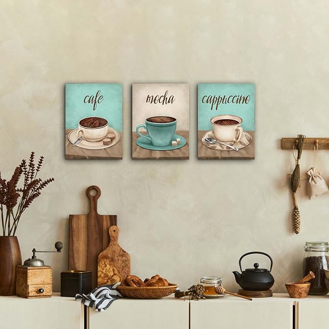 iHAPPYWALL 3 Pieces Coffee Kitchen Decor Wall Art Abstract Cafe Mocha Cappuccino Food Painting Picture for Restaurant Dining Room Cafe Bar Ready to Hang 12x16inchx3pcs