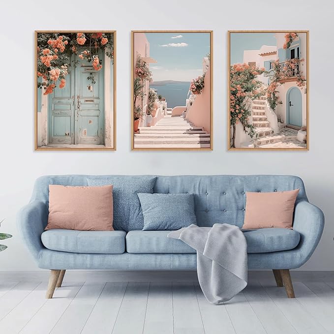 KAIRNE Italian Mediterranean Coastal Framed Canvas Wall Art, Pink Blue & White Seascape Painting for Beach House Decor, Luxury Italian Seaside Landscape for Living Room, Bedroom, Office - 24x36 Inch