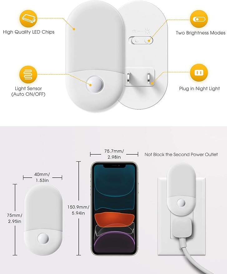 Amber Night Light, LOHAS Night Lights Plug into Wall[4 Pack], 0.6W 2000K LED Nightlight, Dusk to Dawn Sensor, 30/60LM Adjustable Brightness, Automatic Low Blue Night Light for Kid, Bathroom, Hallway