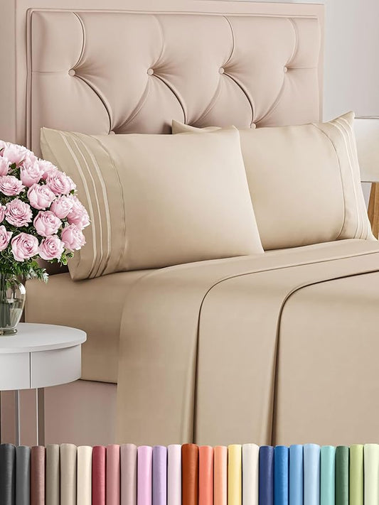 Queen Size 4 Piece Sheet Set - Comfy Breathable & Cooling Bed Sheets Set - Hotel Luxury Bedding for Women, Men, Kids, Teens, Boys & Girls - Deep Pockets, Ultra-Soft, Wrinkle Free - Oeko-Tex - Cream