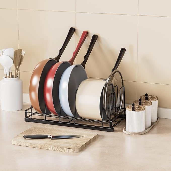 Food Container Lid Organizer, Adjustable 6 Dividers Full-Metal Pot and Pan Organizer Rack for Kitchen Cabinets, Drawers, Cupboards, Pantry Shelves Storage, Black