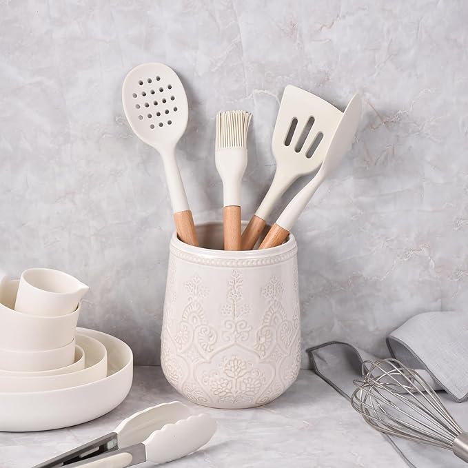 Utensil Holder, Large Kitchen Utensil Holder for Counter, 6.7”Ceramic Cooking Utensils Holder, Kitchen Decor for Counter (White)