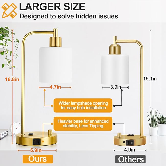 Set of 2 Industrial Table Lamps with USB C+A Ports and Outlet, Gold Fully Stepless Dimmable Bedside Lamps, Nightstand Lamp with Opal Glass Shade for Reading Office (2 LED Bulb)