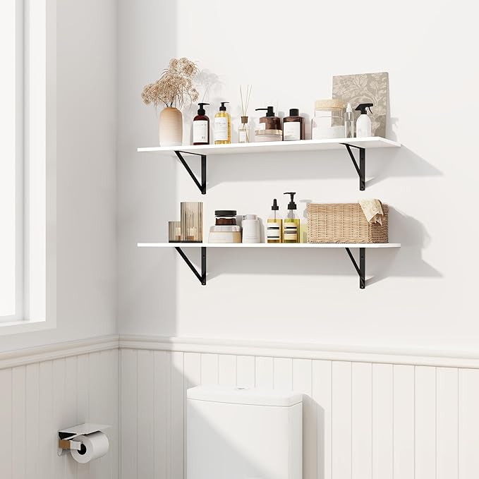 Fun Memories Deep Floating Shelves for Wall, 48W x 8D Wall Mounted Shelves Set of 2, Wide Display Ledge Shelf with Sturdy Metal Brackets for Living Room, Bathroom, Bedroom and Kitchen, White
