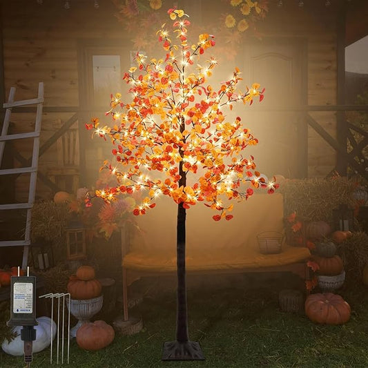 Agusbagli 6FT 240LED Lighted Eucalyptus Tree - Artificial Fall Tree with 575 Leaves, Timer, 8 Mode Lights - Home Indoor Outdoor Thanksgiving Decor