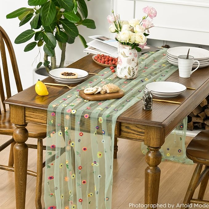 Artoid Mode 3PCS Sage Green Embroidery Daisy Gauze Table Runner 120 Inch 10FT, Seasonal Sheer Dining Holiday Wedding Birthday Table Decor for Home Party