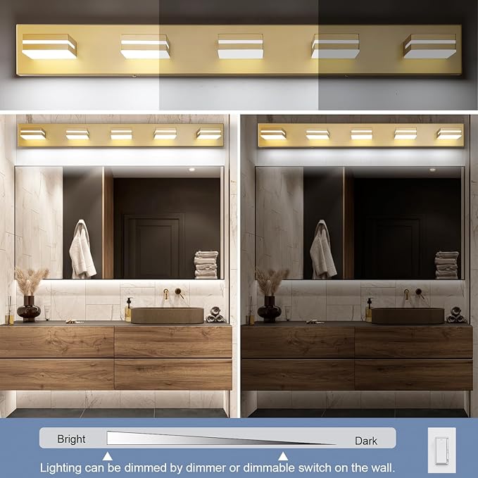 SineRise LED Modern Bathroom Vanity Light Fixtures (5-Light, 40-Inch, Dimmable), Matte Gold Modern Acrylic Bathroom Wall Lighting Fixtures Over Mirror (Cool White 6000K)