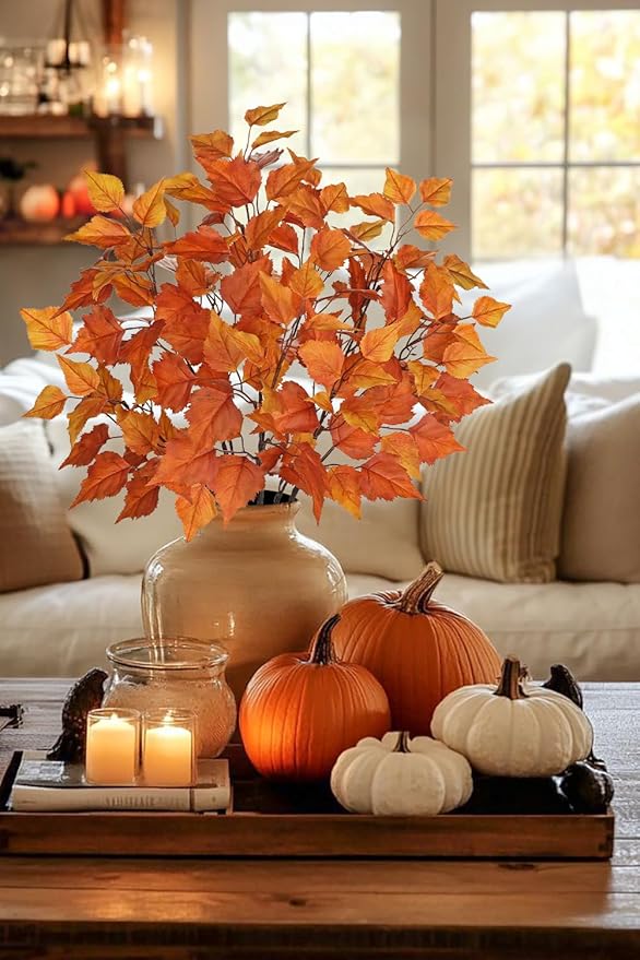 Hollyone 3Pcs Fall Artificial Birch Leaves with Stems 33" Silk Faux Autumn Leaf Branches Spray Fake Fall Leaves Decorations for Home Vase Florals Thanksgiving Table Centerpieces Indoor Decor