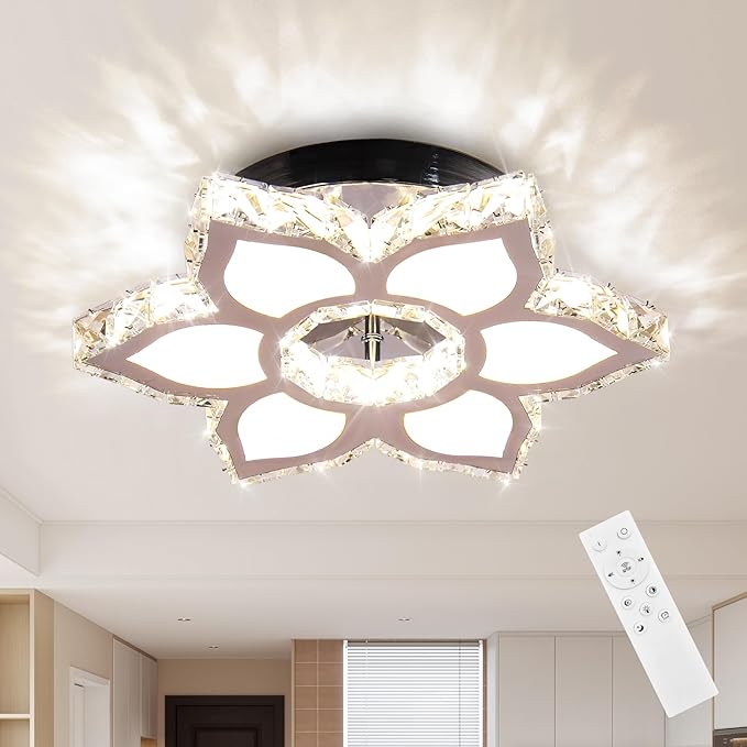 FRIXCHUR 13.4" Modern Crystal Chandelier LED Remote Control Dimmable Crystal Flower Shape Chandelier for Bedrooms Living Room Dining Room Lights
