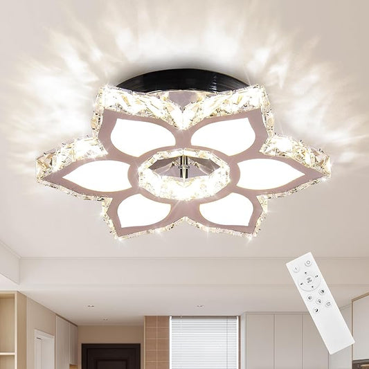 FRIXCHUR 13.4" Modern Crystal Chandelier LED Remote Control Dimmable Crystal Flower Shape Chandelier for Bedrooms Living Room Dining Room Lights