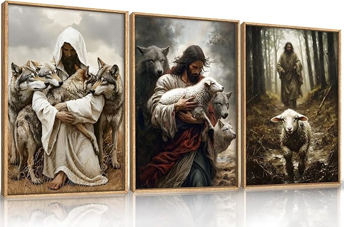 KAIRNE Jesus Christian Wall Art Set of 3, Religious Canvas Prints with Lamb & Wolf, Vintage Bible Verse Decor, The Good Shepherd Artwork for Living Room, Bedoom - 16x24 Inches