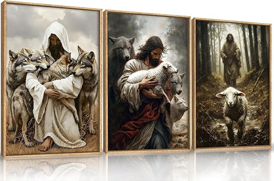 KAIRNE Jesus Christian Wall Art Set of 3, Religious Canvas Prints with Lamb & Wolf, Vintage Bible Verse Decor, The Good Shepherd Artwork for Living Room, Bedoom - 16x24 Inches