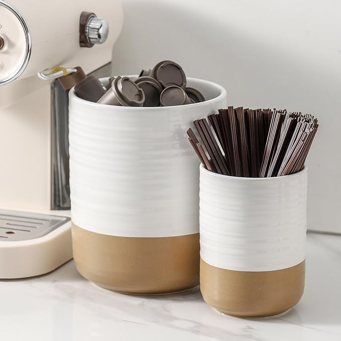 Hasense Large Utensil Holder, 7.4" Cooking Utensil Crock for Kitchen Counter, Ceramic Utensil Organizer Caddy for Kitchen Utensil Set, Vintage Decor for Christmas Gifts, White