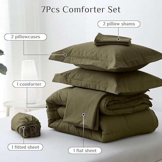 JOLLYVOGUE Queen Comforter Set, 7-Piece Bed in a Bag Queen, Ultra-Soft Comforters Queen Size, Queen Size Comforter Sets, Goose Down Alternative, Oeko-TEX Certified, Sheets & Pillowcases