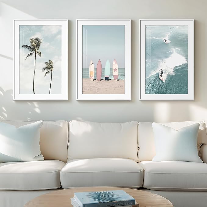 Framed Coastal Wall Art for Living Room, 3 Piece Beach Surfboard Palm Tree Artwork for Walls, Large Ocean Surfing Seascape Picture Prints, Beach Coastal Wall Decor for Bedroom Hallway Office, 16x24 In