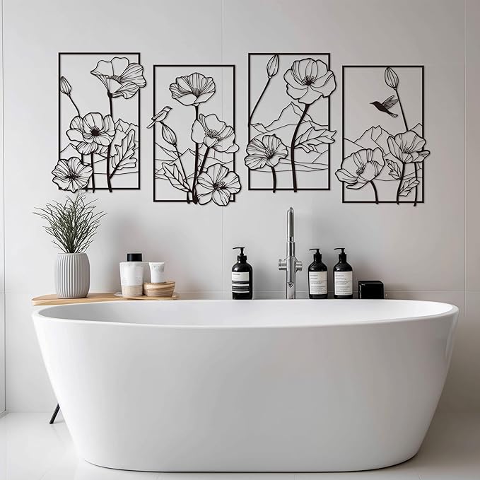 deeinglif Black Metal Wall Art, Abstract Minimalist Wall Decor, Flower Wall Decor, Floral Line Sculpture, Modern Home Decor for Living Room, Bedroom, Bathroom, Kitchen, Cafe, Office Decoration