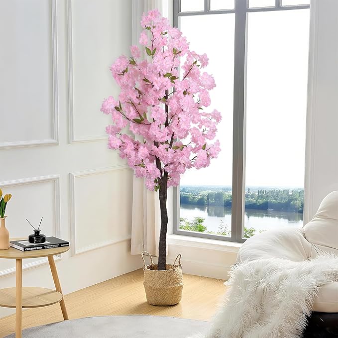 Artificial Pink Cherry Blossom Tree 5.5ft(67in) Tall Fake Silk Leaves Indoor Decor Handmade Lifelike Sakura Tree for Wedding Realistic Cherry Plant in Pot for Home Living Room,Office,Outdoor Decor