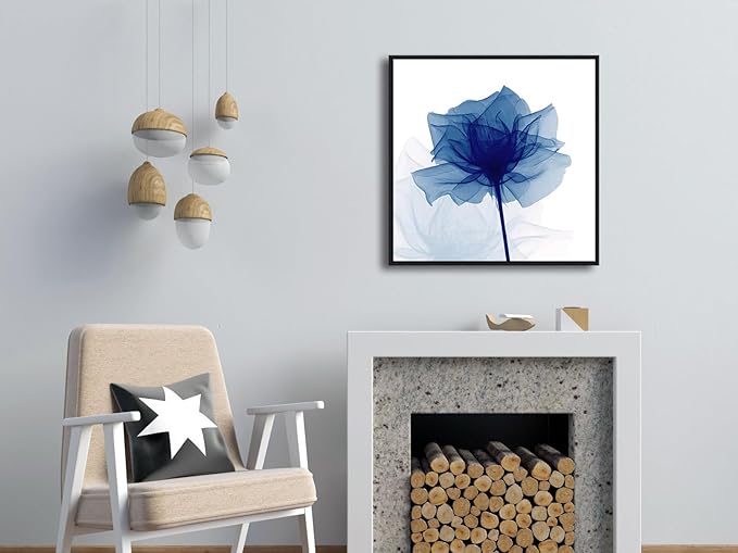 Pyradecor Large Black Framed Wall Art Blue Flickering Flower Canvas Prints Grace Floral Paintings Pictures Artwork for Bedroom Office Home Decorations