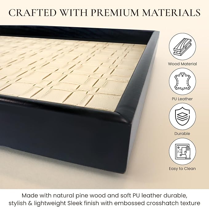 Solvane Wooden Serving Tray in Black – 15x11in Rectangular Ottoman & Coffee Table Tray, Decorative Wood Tray with PU Leather Base for Living Room, Kitchen, Bathroom & Vanity