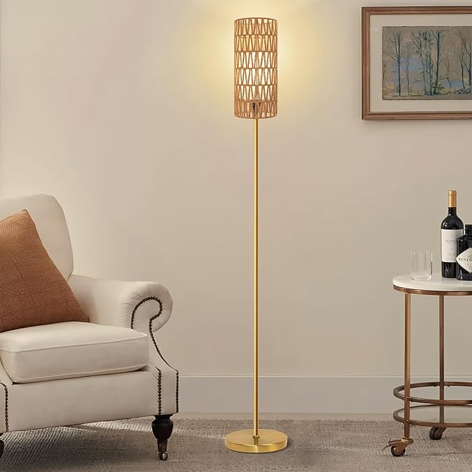 Floor Lamp for Living Room,Farmhouse Rattan Floor lamp,Modern Standing lamp with 3 Color LED Bulb,Gold Tall Lamp with Foot Switch