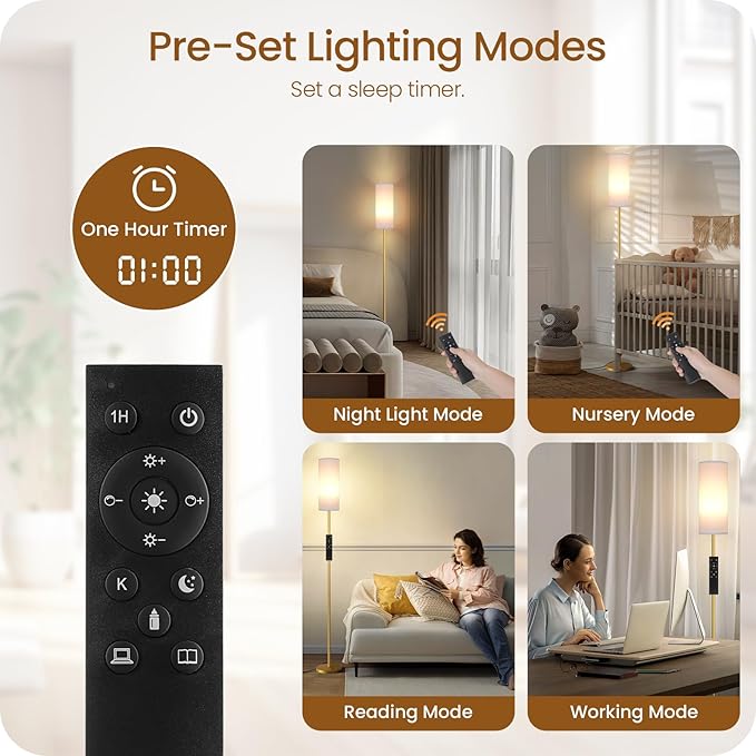 Dimmable Floor Lamp for Living Room with Remote and Foot Switch, Corner Floor Lamp, 64.4'' Standing Tall Lamp, 10W 900LM LED Bulb Included, 3000K-6500K, Linen Shade, Gold White, FCC Listed DCW06LD05W1