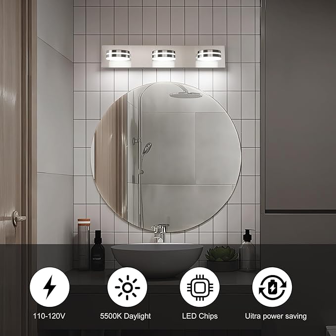 3-Light Bathroom Vanity Light, Brushed Nickel Bathroom Light Fixtures Over Mirror, LED Vanity Lights with 360°Rotating Lamp Head(24in)