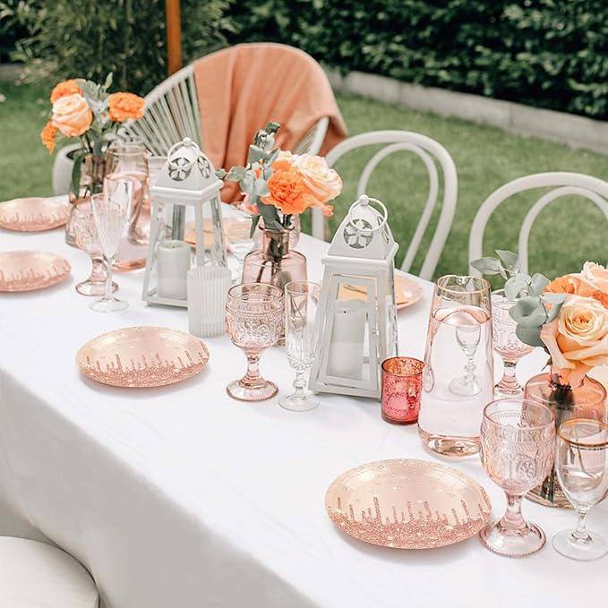 50PCS Rose Glitter Paper Plates - 7inch Pink Gold Diamond Birthday Dessert Plate for Cake Salad Pizza Disposable plates Supplies for Girls Women Mermaid Anniversary Birthday Wedding Theme Party