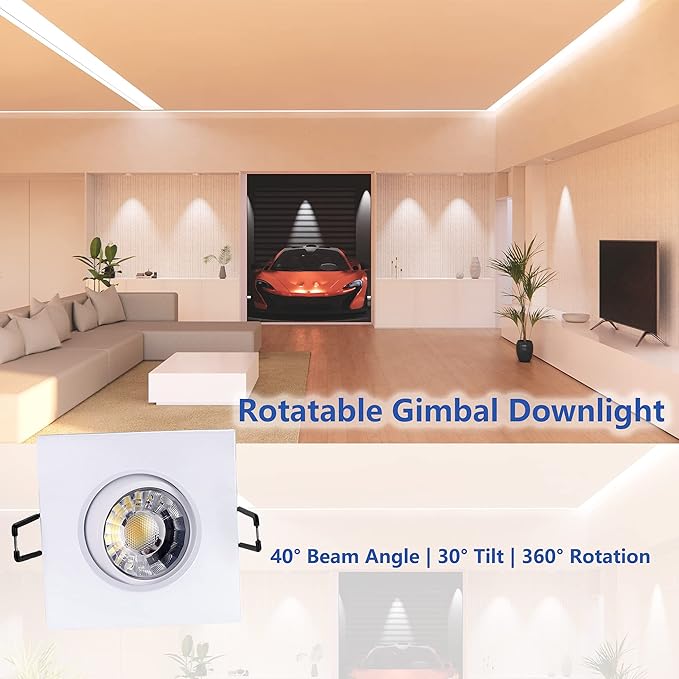 Canless Recessed Gimbal Downlight Rotatable-Spotlight 5 CCT 3 Inch Eyeball Ceilling Potlight, Dimmable Recessed Lights Fixture with Junction Box, 8W CCT Adjustable, White Square Finish, 6P