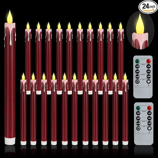 Flameless Taper Candles 10.6" Dripless Battery Operated Taper Candles Included Remote Timer 400+ Hours by 2AA Batteries for Halloween Christmas Wedding (Burgundy+White, 24 Pack)
