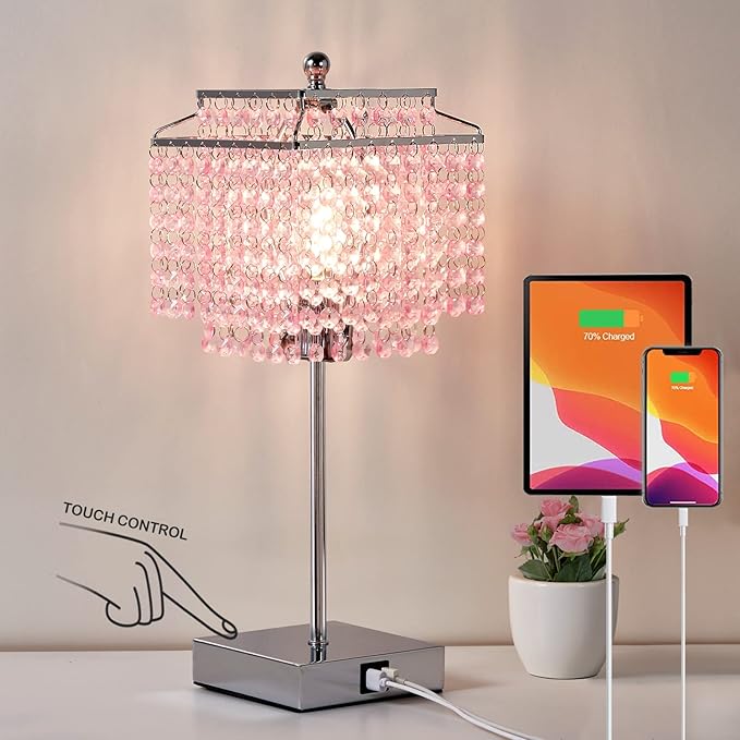 Luvkczc Crystal Touch Table Lamp, Bedside Lamp with USB C+A Ports, Pink Lamp, 3-Way Dimmable Lamp with Crystal Shade, Nightstand Lamp for Girl Bedroom, Living Room, Bulb Included