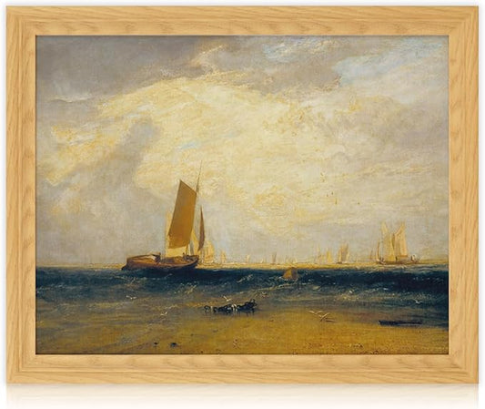Brivoria Framed Canvas Wall Art Vintage Decor, Romantic Seascape with Sailing Ship Golden Light Ocean View and Coastal Sky for Living Room Statement Wall or Nautical Gallery Display, 16"x20"