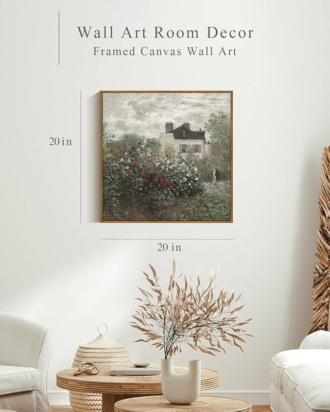 InSimSea Square Framed Canvas Wall Art, Large Decor Monet Flower Garden Paintings, Garden Scenery Wall Pictures for Bedroom Bathroom Living Room, Canvas Prints Vintage Farmhouse Decor 20"x20"