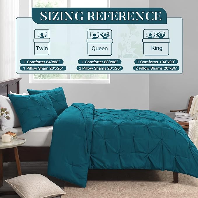 Basic Beyond King Comforter Set - King Comforter Set with Pinch-Pleat & Pintuck Design, 2 Pillow Shams, Teal