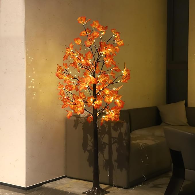 2 Pack 6FT 240LED Fall Lighted Maple Orange Tree Lights Thanksgiving Decoration Artificial Tree Lights USB Powered DIY Table Light for Desktop Autumn Harvest Party Indoor Ourdoor Decor