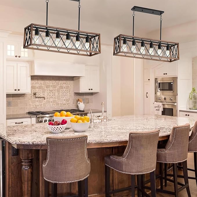 Farmhouse Kitchen Island Lighting,6-Light Dining Room Light Fixtures Over Table,Rustic Chandelier Wood Grain Finish,Height Adjustable Farmhouse Light Fixture for Dining Room Kitchen Bar.