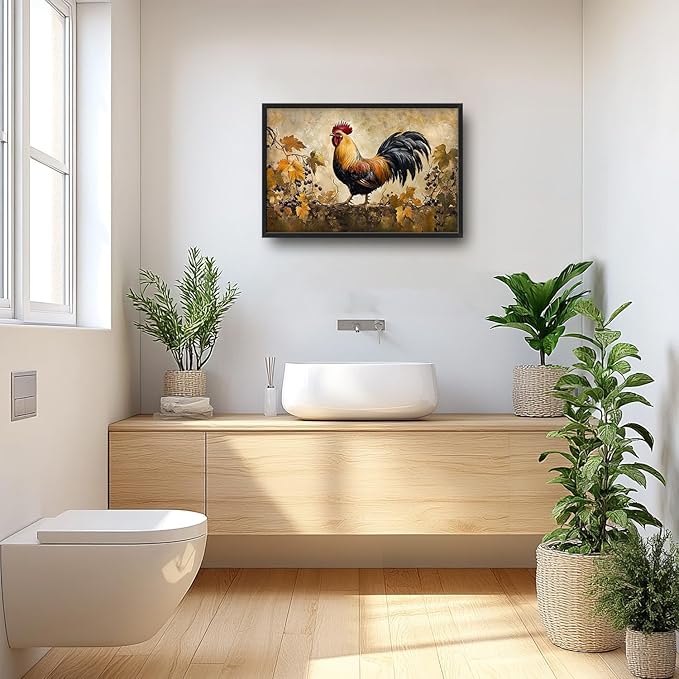 Flintis Large Rooster Framed Wall Art Vintage Chicken Grapevine Pictures Wall Decor Abstract Animal Canvas Painting Print Artworks Decor Framed for Living Room Bathroom Master Bedroom 36L X 24W